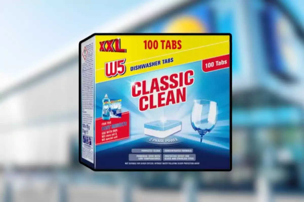 Caixa de pastilles per a rentavaixelles W5 Classic Clean amb 100 pastilles en un embalatge blau i groc
