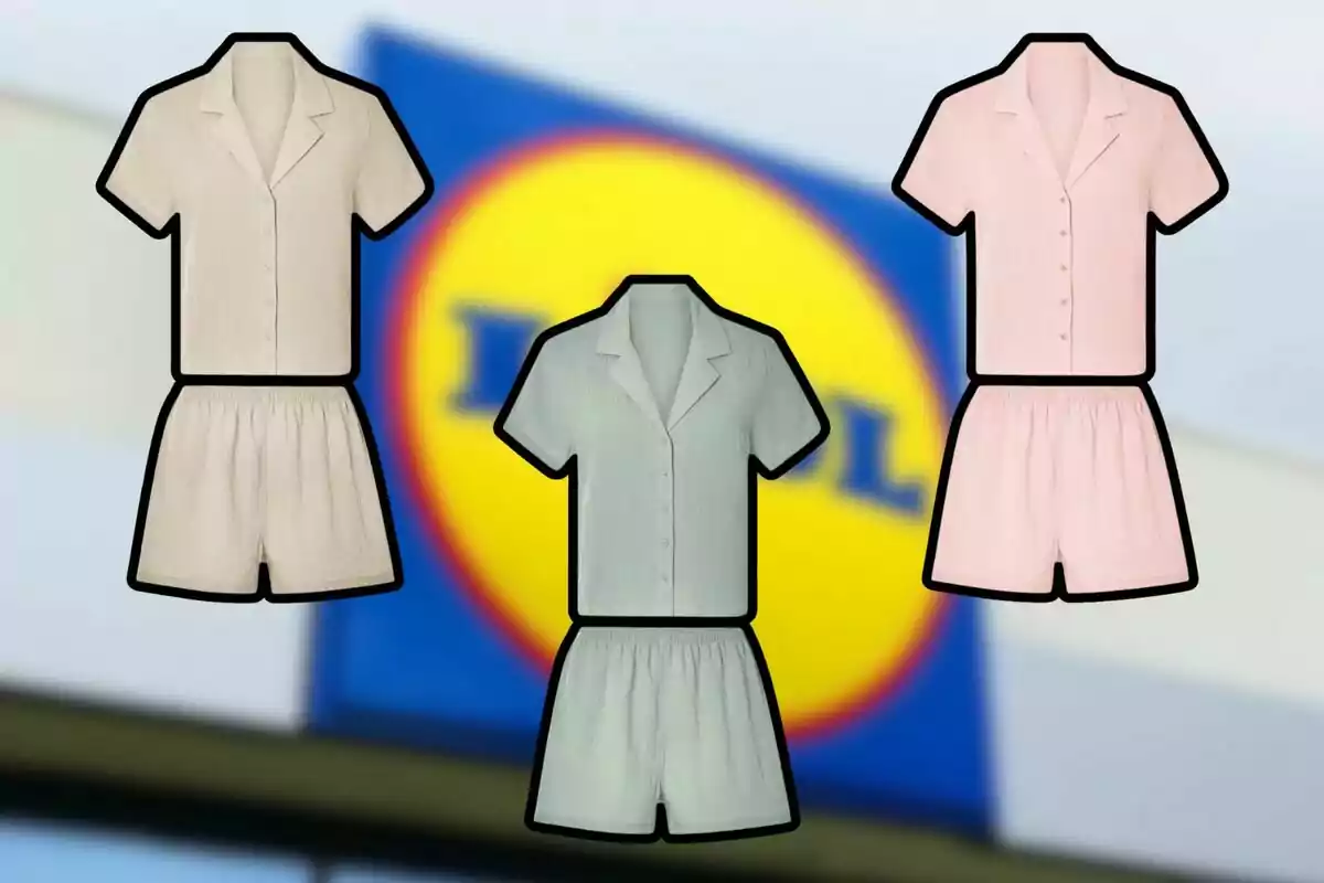 Tres conjunts de roba d’estiu en colors pastel amb camisa i pantalons curts sobre un fons desenfocat d’un logotip de supermercat Tres conjunts de roba d’estiu en colors pastel amb camisa i pantalons curts sobre un fons desenfocat d’un logotip de supermercat