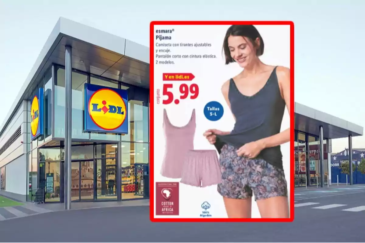 Façana d’una botiga Lidl amb un anunci de pijama per a dona de la marca Esmara en primer pla mostrant el preu de 5,99 euros i talles disponibles de la S a la L Façana d’una botiga Lidl amb un anunci de pijama per a dona de la marca Esmara en primer pla mostrant el preu de 5,99 euros i talles disponibles de la S a la L