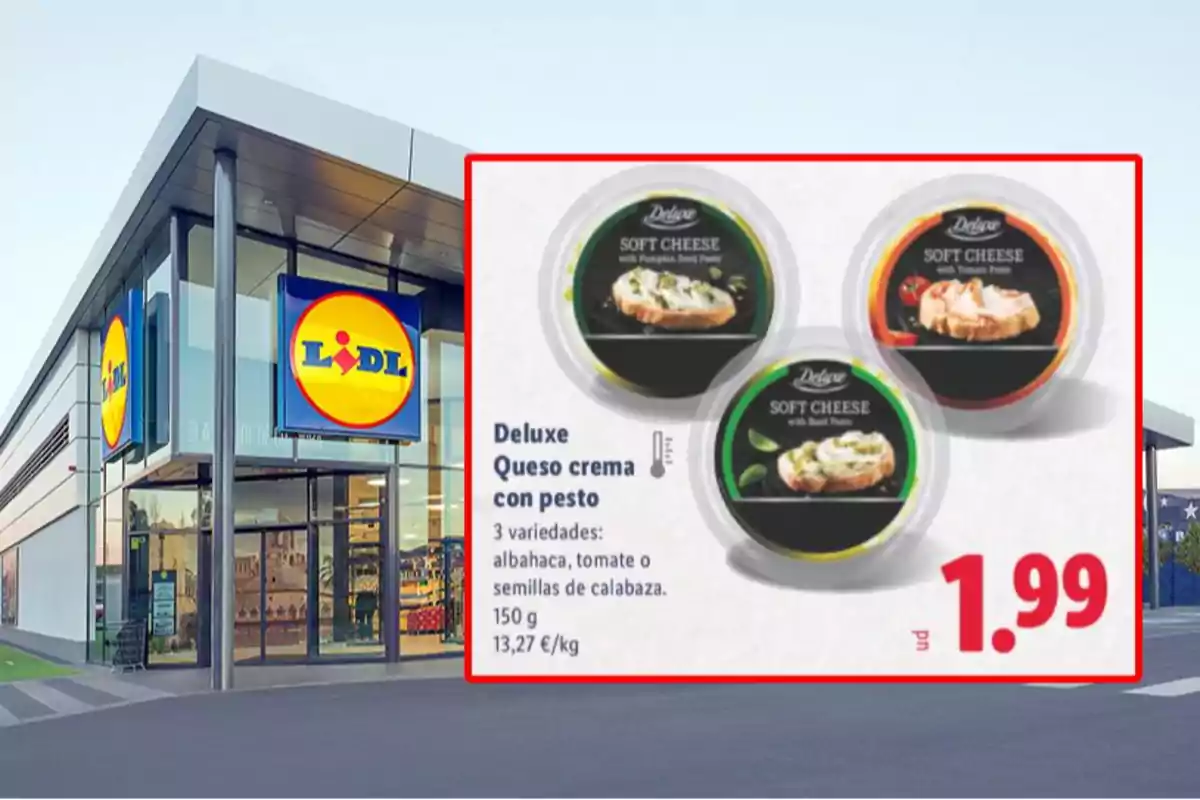 Façana d’una botiga Lidl amb una promoció de formatge cremós Deluxe en tres varietats diferents i preu destacat d’1,99 euros. Façana d’una botiga Lidl amb una promoció de formatge cremós Deluxe en tres varietats diferents i preu destacat d’1,99 euros.