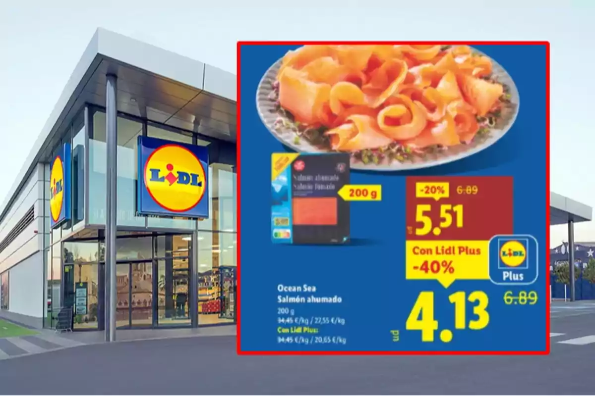 Façana de supermercat Lidl amb una promoció de salmó fumat Ocean Sea de 200 grams mostrant el preu rebaixat i el descompte addicional amb la targeta Lidl Plus. Façana de supermercat Lidl amb una promoció de salmó fumat Ocean Sea de 200 grams mostrant el preu rebaixat i el descompte addicional amb la targeta Lidl Plus.