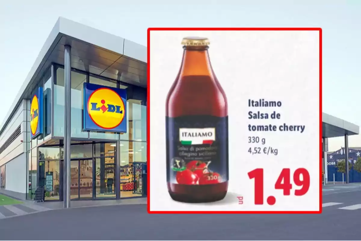 Façana de supermercat Lidl amb un anunci de salsa de tomàquet cherry Italamo de 330 grams a 1,49 euros Façana de supermercat Lidl amb un anunci de salsa de tomàquet cherry Italamo de 330 grams a 1,49 euros