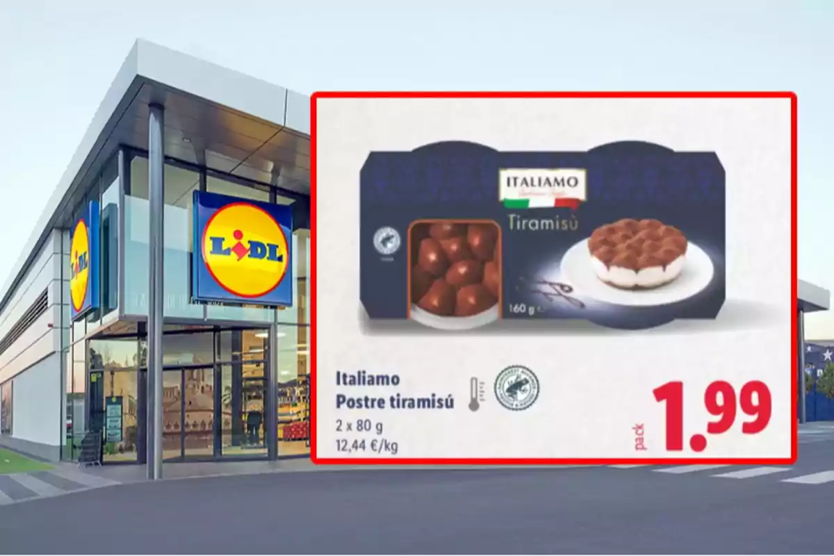 Façana d’una botiga Lidl amb un anunci de postres tiramisú de la marca Italiamo en oferta a 1,99 euros el paquet Façana d’una botiga Lidl amb un anunci de postres tiramisú de la marca Italiamo en oferta a 1,99 euros el paquet