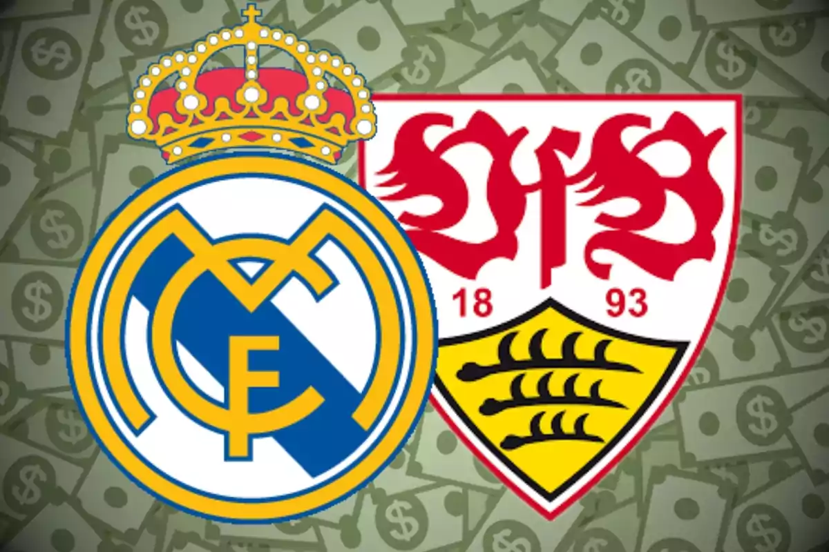 Escudos de Real Madrid y Stuttgart sobre un fondo de billetes con símbolos de dólar