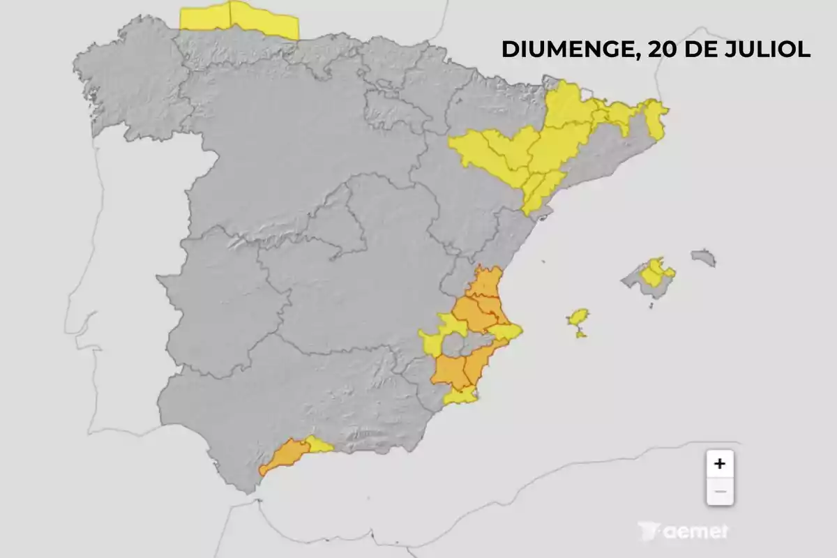 Mapa d’Espanya amb diverses zones en alerta groga i taronja per condicions meteorològiques per al diumenge 20 de juliol segons l’AEMET Mapa d’Espanya amb diverses zones en alerta groga i taronja per condicions meteorològiques per al diumenge 20 de juliol segons l’AEMET