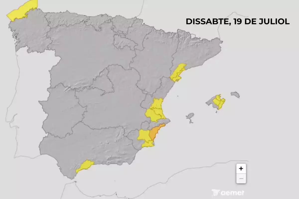 Mapa d’Espanya amb diverses zones ressaltades en groc i taronja indicant alertes meteorològiques per al dissabte 19 de juliol Mapa d’Espanya amb diverses zones ressaltades en groc i taronja indicant alertes meteorològiques per al dissabte 19 de juliol