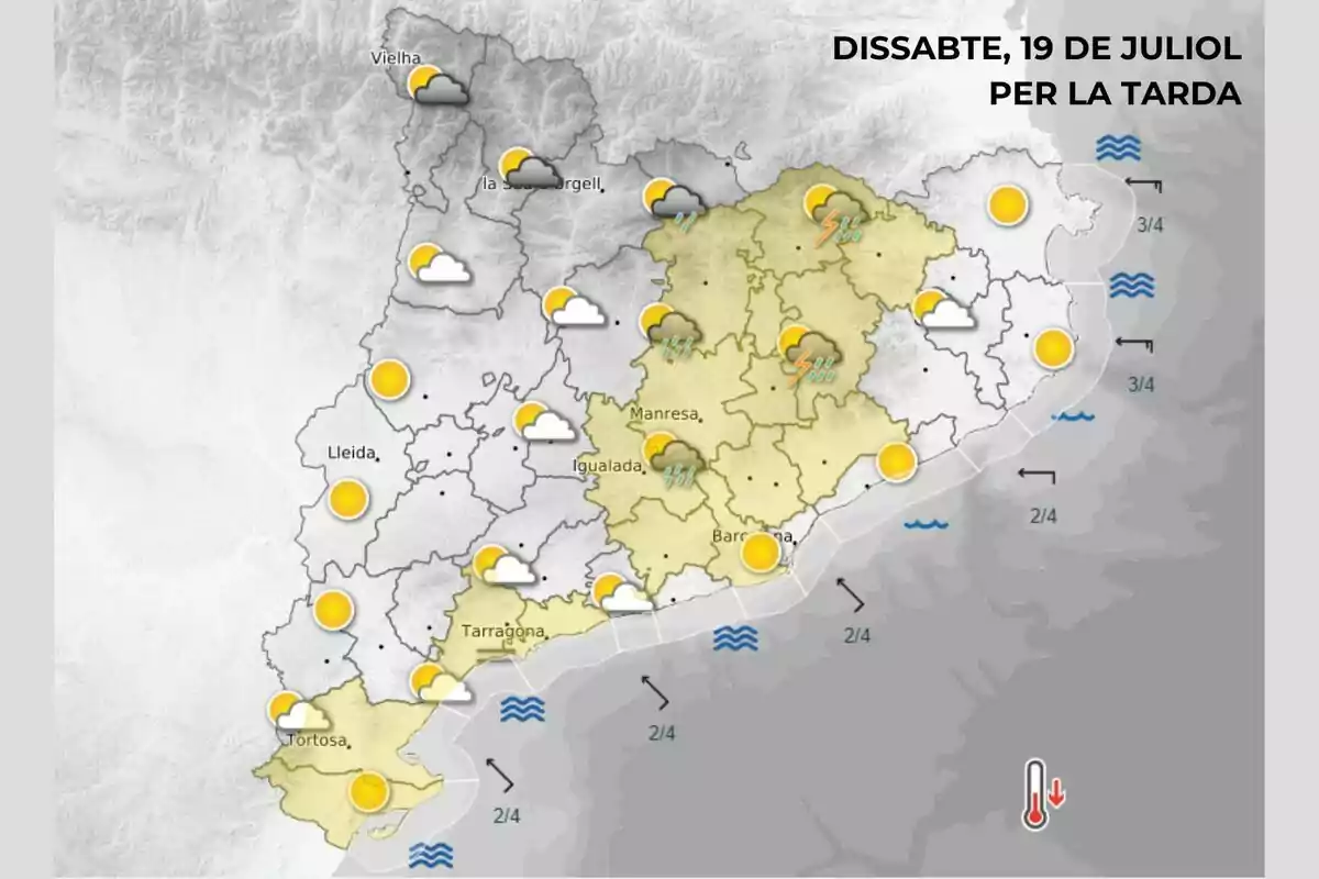 Mapa meteorològic de Catalunya per a la tarda del 19 de juliol amb icones de sol, núvols, tempestes i pluges a diferents regions i avís de temperatures altes Mapa meteorològic de Catalunya per a la tarda del 19 de juliol amb icones de sol, núvols, tempestes i pluges a diferents regions i avís de temperatures altes