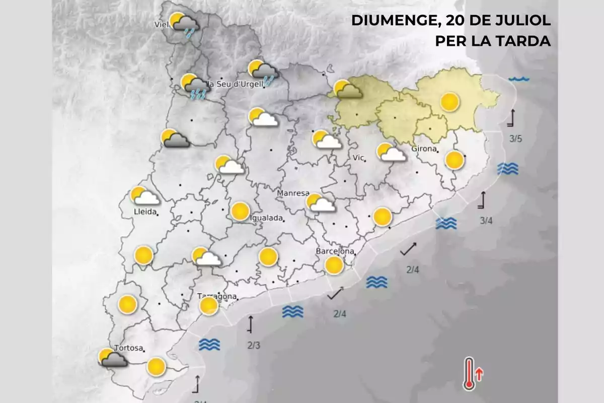 Mapa meteorològic de Catalunya per a la tarda de diumenge 20 de juliol amb icones que indiquen sol, núvols i pluges a diferents regions Mapa meteorològic de Catalunya per a la tarda de diumenge 20 de juliol amb icones que indiquen sol, núvols i pluges a diferents regions
