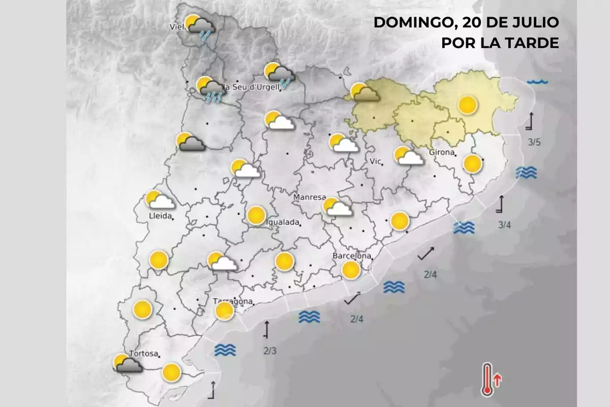 Mapa meteorológico de Cataluña para la tarde del domingo 20 de julio con predominio de sol en la mayor parte del territorio, algunas nubes en el norte y lluvias en zonas del Pirineo Mapa meteorológico de Cataluña para la tarde del domingo 20 de julio con predominio de sol en la mayor parte del territorio, algunas nubes en el norte y lluvias en zonas del Pirineo