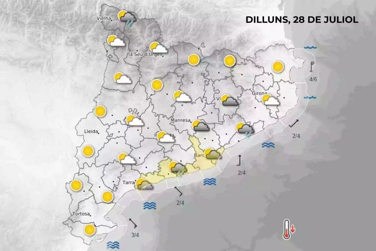 Mapa meteorològic de Catalunya per al dilluns 28 de juliol amb icones de sol, núvols i pluges a diferents regions i avís de descens de temperatura Mapa meteorològic de Catalunya per al dilluns 28 de juliol amb icones de sol, núvols i pluges a diferents regions i avís de descens de temperatura