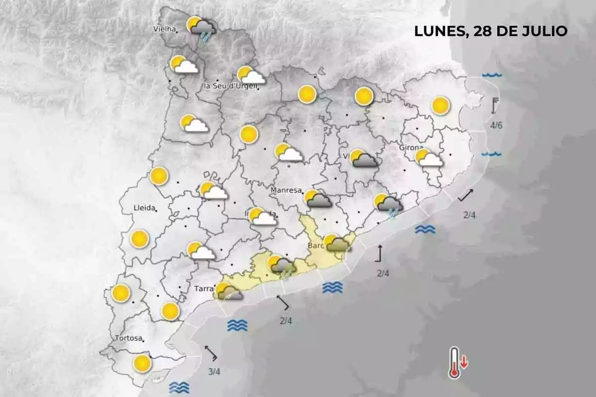 Mapa meteorológico de Cataluña para el lunes 28 de julio con iconos que indican sol, nubes y lluvias en diferentes zonas, y una advertencia de descenso de temperatura en la región costera central Mapa meteorológico de Cataluña para el lunes 28 de julio con iconos que indican sol, nubes y lluvias en diferentes zonas, y una advertencia de descenso de temperatura en la región costera central