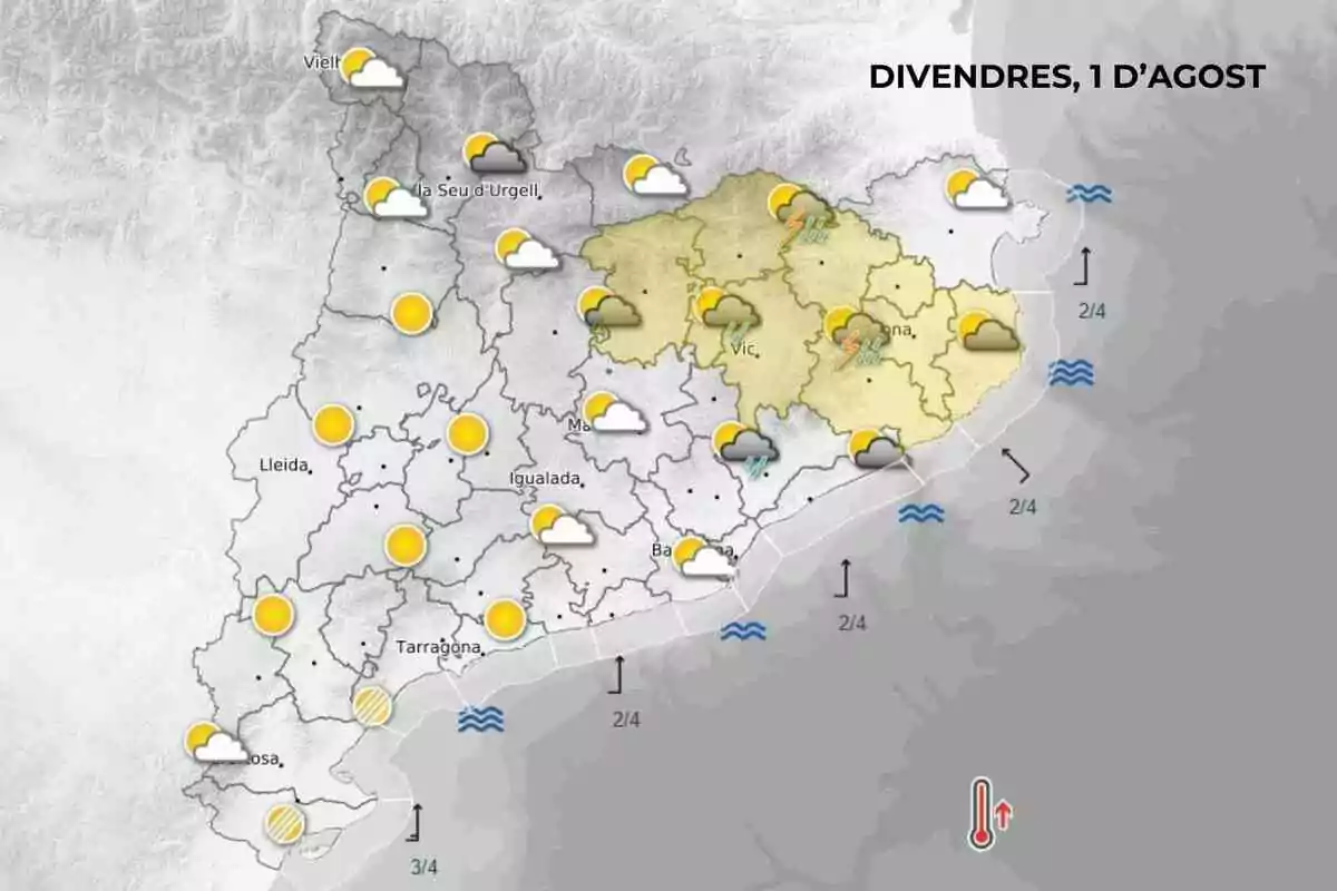 Mapa meteorològic de Catalunya per al divendres 1 d’agost amb icones que indiquen sol, núvols, pluges i tempestes a diferents regions Mapa meteorològic de Catalunya per al divendres 1 d’agost amb icones que indiquen sol, núvols, pluges i tempestes a diferents regions