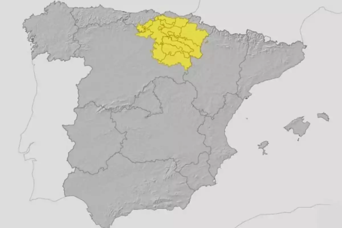 Mapa d’Espanya amb la regió nord ressaltada en groc Mapa d’Espanya amb la regió nord ressaltada en groc