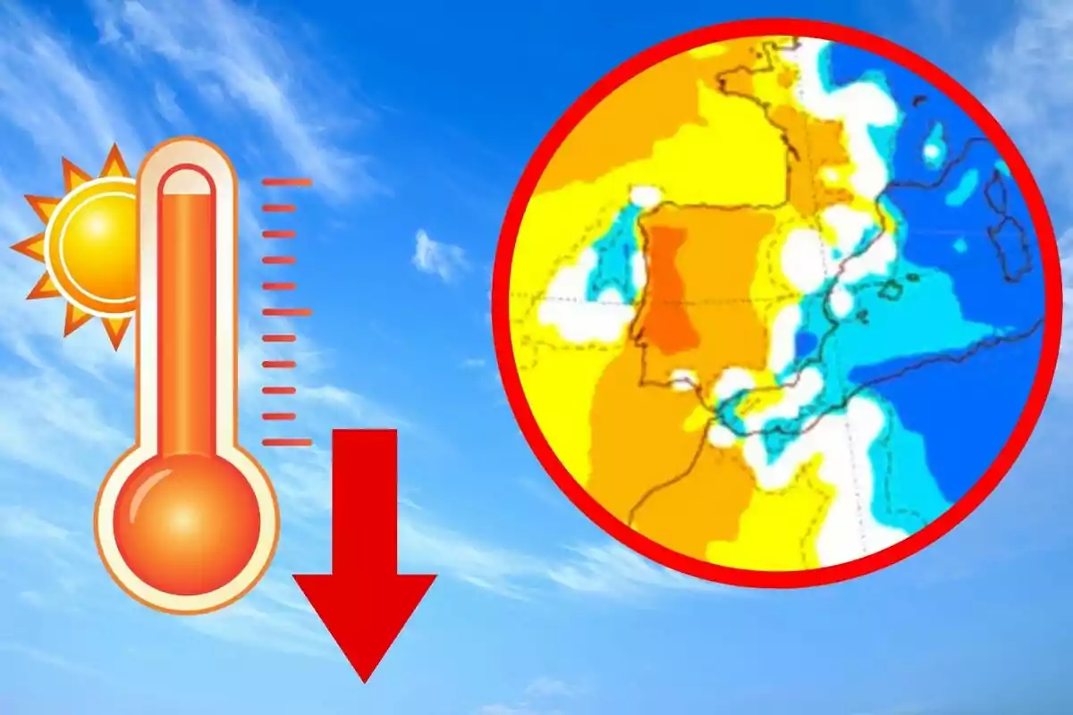 Termòmetre amb fletxa vermella cap avall al costat d’un mapa de temperatures sobre la península Ibèrica i un fons de cel blau Termòmetre amb fletxa vermella cap avall al costat d’un mapa de temperatures sobre la península Ibèrica i un fons de cel blau