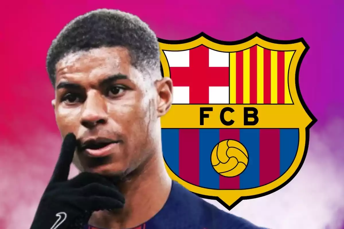 Soccer player with a black glove in the foreground and the FC Barcelona crest in the background over a pink gradient Soccer player with a black glove in the foreground and the FC Barcelona crest in the background over a pink gradient