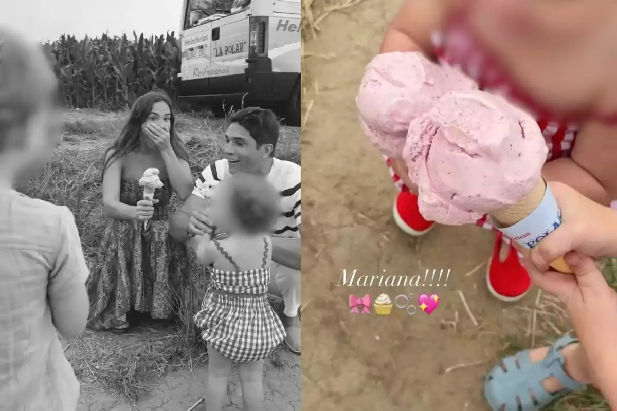 Una família gaudeix de gelats a l’aire lliure al costat d’un camió de gelats mentre una nena sosté un cucurutxo de gelat rosa i la paraula Maríana apareix sobre la imatge.