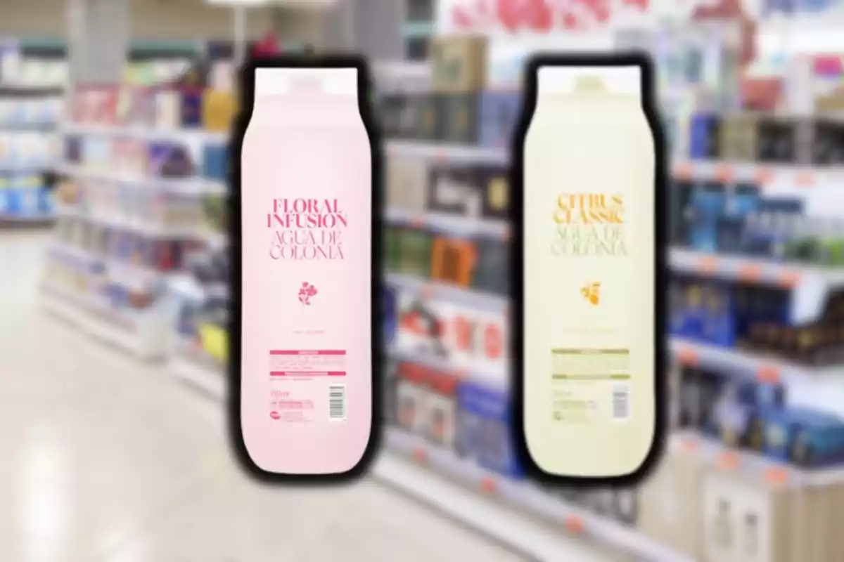 Dues ampolles grans d’aigua de colònia, una de color rosa amb l’etiqueta floral infusion i una altra de color crema amb l’etiqueta citrus classic, són en primer pla sobre un fons borros d’estanteries de supermercat. Dues ampolles grans d’aigua de colònia, una de color rosa amb l’etiqueta floral infusion i una altra de color crema amb l’etiqueta citrus classic, són en primer pla sobre un fons borros d’estanteries de supermercat.