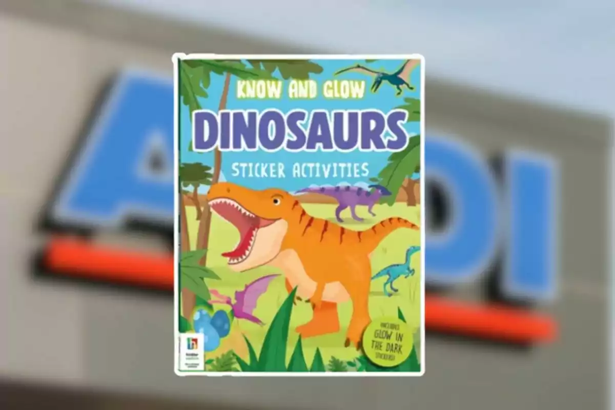 Cover of a children's activity book with dinosaur stickers featuring colorful illustrations of various dinosaurs and vegetation