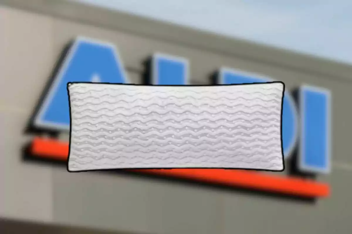 Almohada blanca con diseño de ondas frente a un letrero borroso de una tienda Aldi Almohada blanca con diseño de ondas frente a un letrero borroso de una tienda Aldi