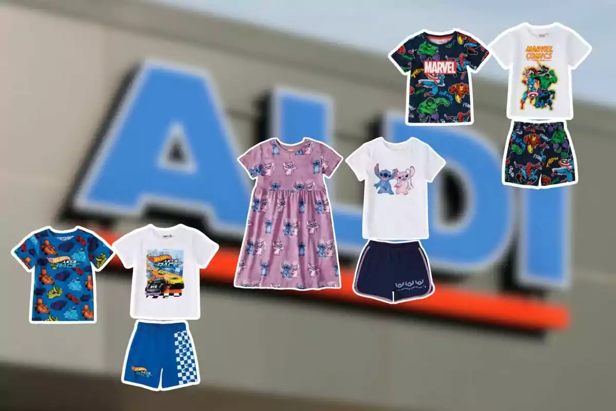 Ropa infantil con personajes de Marvel, Hot Wheels y Stitch sobre un fondo desenfocado de la tienda Aldi