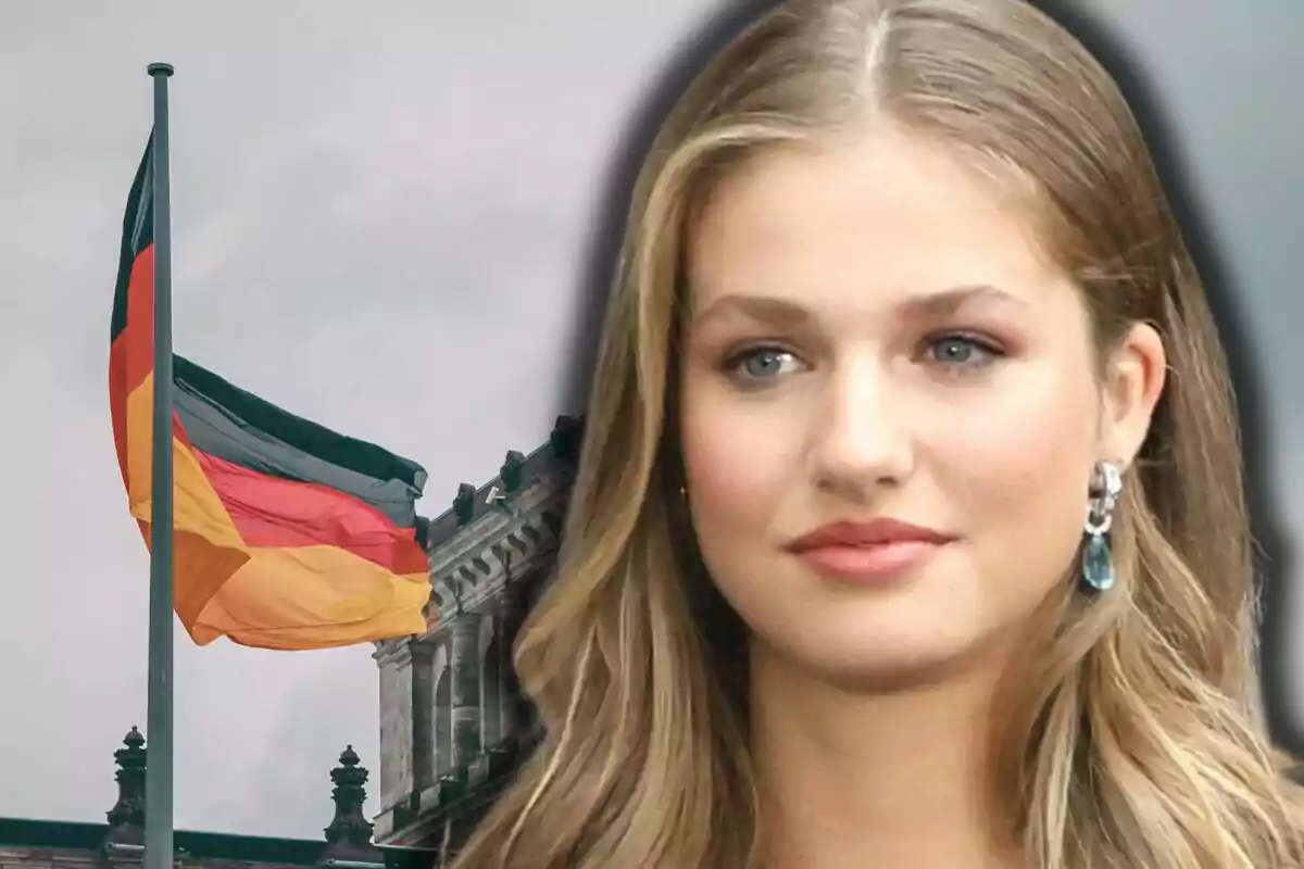 Bandera de Alemania ondeando frente a un edificio histórico con el rostro de una joven mujer rubia en primer plano