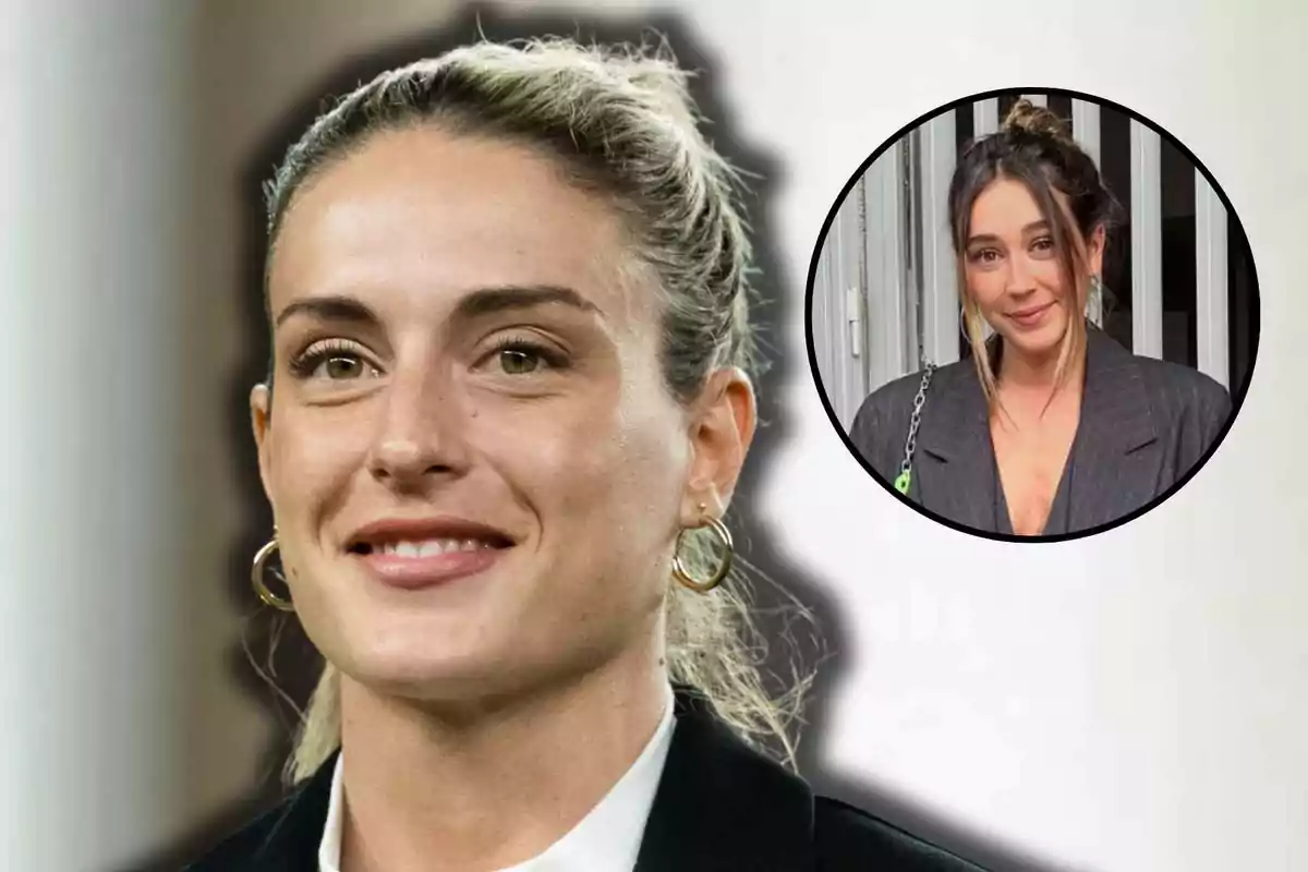 Alexia Putellas amb arracades daurades somriu al davant mentre a la cantonada superior dreta apareix el retrat d’Olga Ríos amb els cabells castanys recollits i jaqueta fosca.