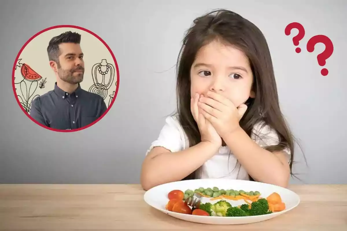 Nena amb expressió de disgust davant d’un plat de verdures mentre observa una imatge d’un home i dos signes d’interrogació vermells apareixen al seu costat.