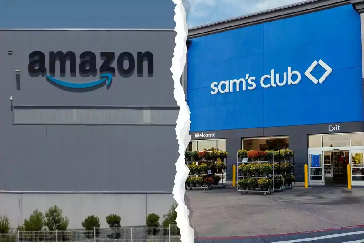 Comparación visual entre la fachada de un edificio de Amazon y la entrada de una tienda Sam's Club divididas por una línea irregular en el centro Comparación visual entre la fachada de un edificio de Amazon y la entrada de una tienda Sam's Club divididas por una línea irregular en el centro