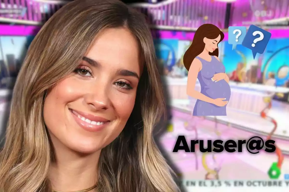 María Pombo sonriendo en primer plano con fondo de un plató de televisión, dibujo de una mujer embarazada y el texto Aruser@s