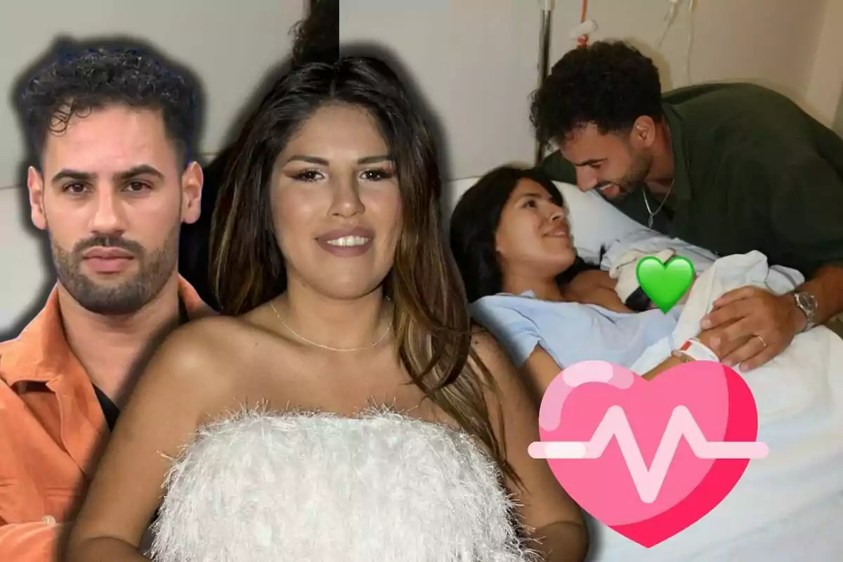 Muntatge d’Isa Pantoja somrient en primer pla, Asraf Beno amb expressió seriosa a l’esquerra i una escena d’hospital al fons on una parella somriu al costat d’un nadó acabat de néixer cobert amb emojis de cor i cor verd.
