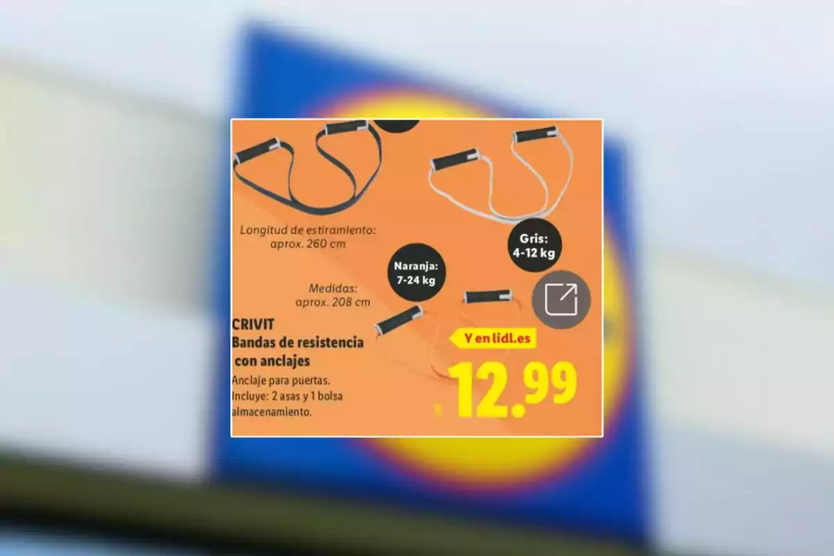 Publicitat de bandes de resistència Crivit amb ancoratges per a portes en dos colors i diferents nivells de resistència, preu de 12,99 euros a Lidl Publicitat de bandes de resistència Crivit amb ancoratges per a portes en dos colors i diferents nivells de resistència, preu de 12,99 euros a Lidl