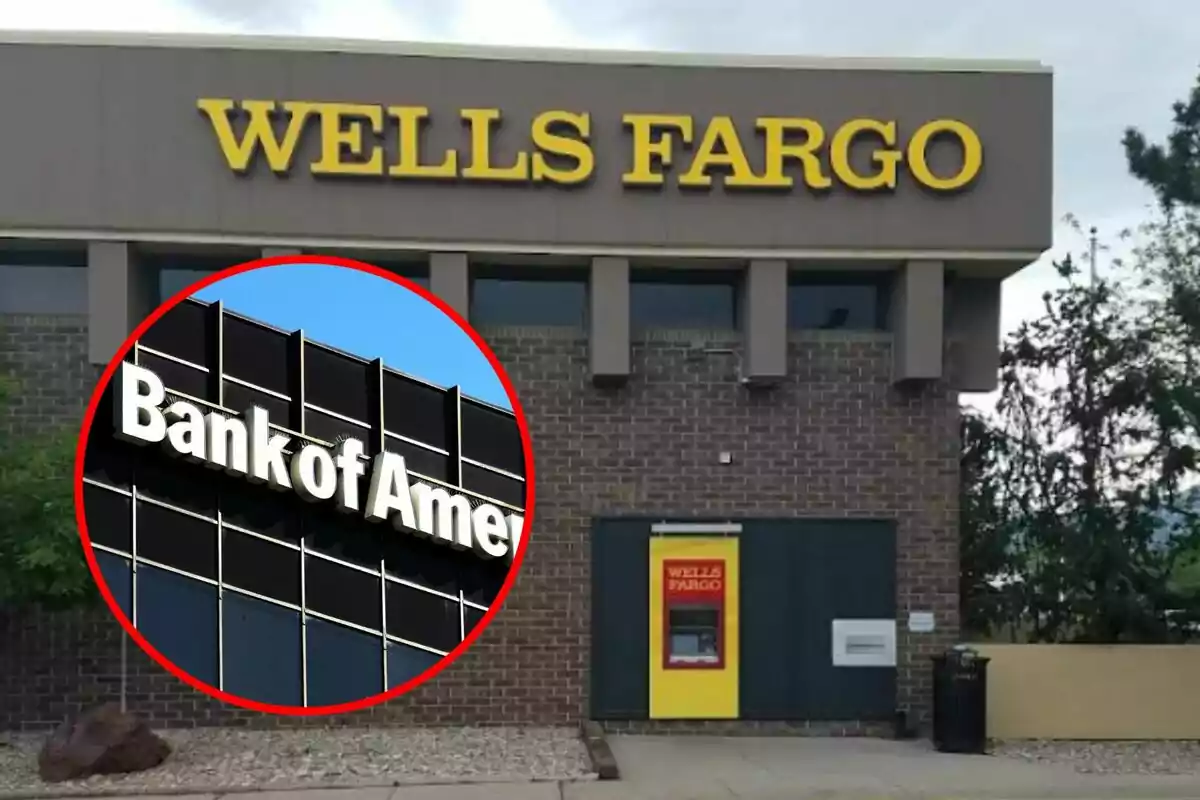 Facade of a Wells Fargo bank with an ATM and a circle showing the Bank of America sign.
