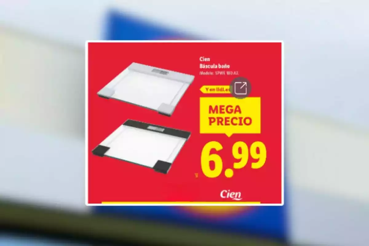 Oferta de básculas de baño electrónicas marca Cien en color blanco y negro con precio destacado de 6.99 euros sobre fondo rojo y amarillo Oferta de básculas de baño electrónicas marca Cien en color blanco y negro con precio destacado de 6.99 euros sobre fondo rojo y amarillo