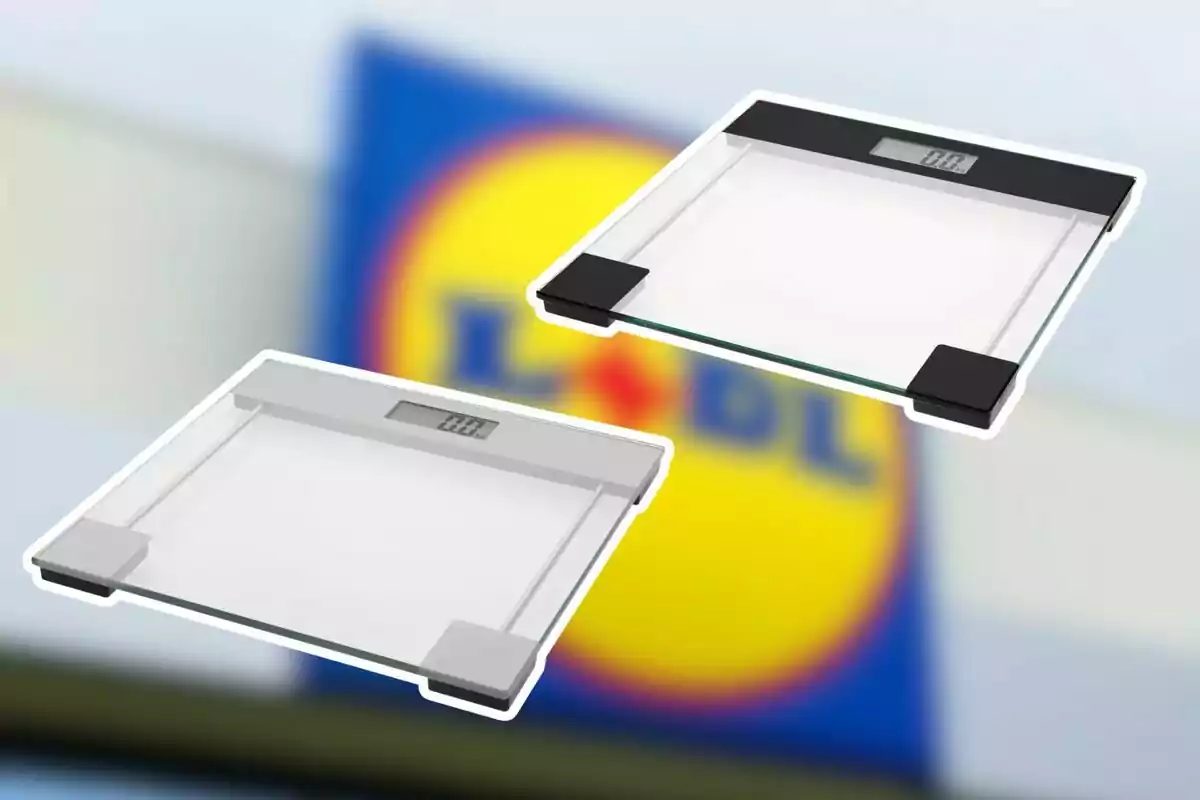 Dos básculas digitales de baño, una blanca y una negra, sobre un fondo desenfocado con el logotipo de Lidl. Dos básculas digitales de baño, una blanca y una negra, sobre un fondo desenfocado con el logotipo de Lidl.