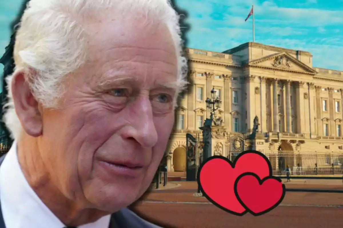 Carles III en primer pla amb el Palau de Buckingham al fons i dos cors vermells dibuixats a la part inferior dreta