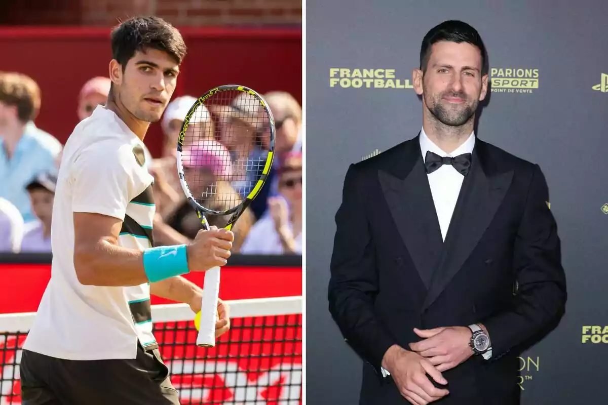 Carlos Alcaraz a la pista sostenint una raqueta i Novak Djokovic vestit de vestit posant en un esdeveniment de gala Carlos Alcaraz a la pista sostenint una raqueta i Novak Djokovic vestit de vestit posant en un esdeveniment de gala