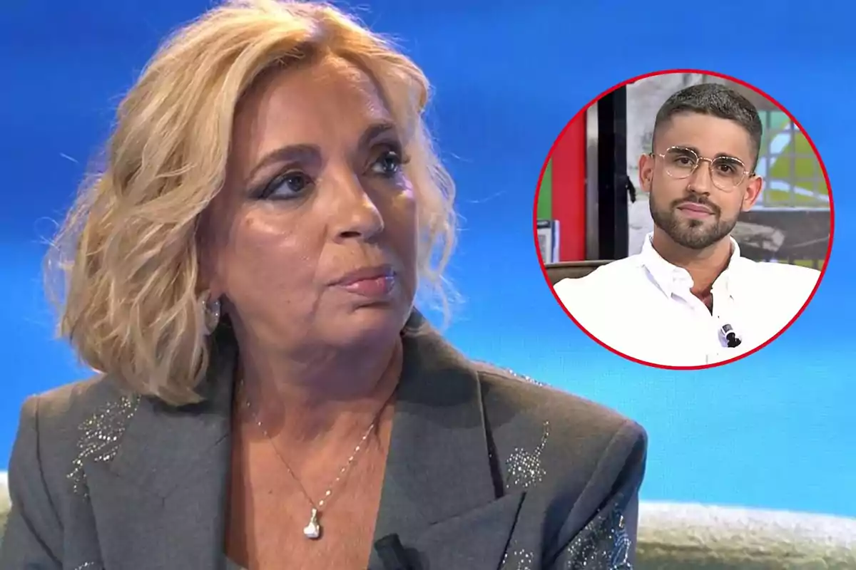 Montaje con Carmen Borrego, de cabello corto rubio y con expresión seria, y Miguel Frigenti, con camisa blanca y gafas dentro de un círculo rojo situado en la parte superior derecha