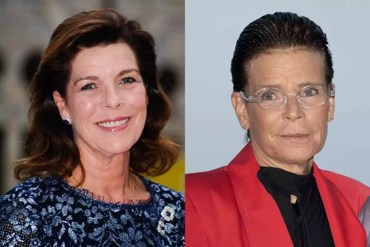 Comparación de Carolina y Estefanía de Monaco, una con cabello suelto y sonrisa vistiendo un vestido azul, y otra con cabello recogido, gafas y expresión seria usando un saco rojo Comparación de Carolina y Estefanía de Monaco, una con cabello suelto y sonrisa vistiendo un vestido azul, y otra con cabello recogido, gafas y expresión seria usando un saco rojo