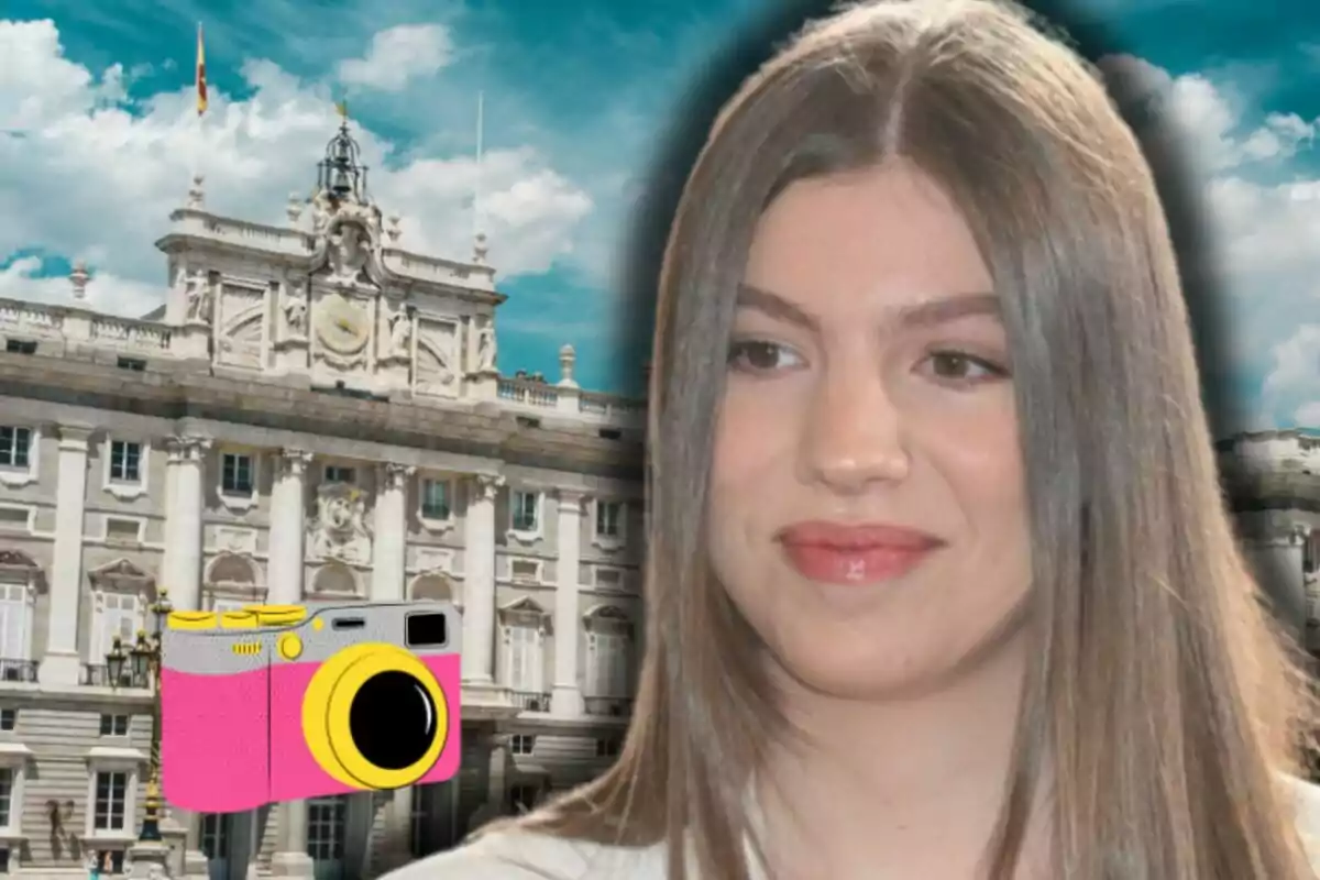 La infanta Sofía aparece en primer plano frente a un edificio histórico con una cámara fotográfica de colores llamativos ilustrada en la esquina izquierda