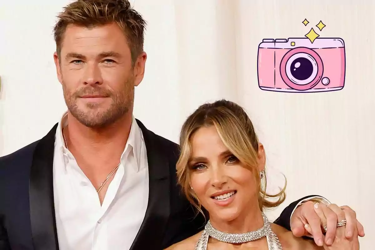 Chris Hemsworth and Elsa Pataky posing elegantly in front of a light background with a pink camera drawn in the top right corner