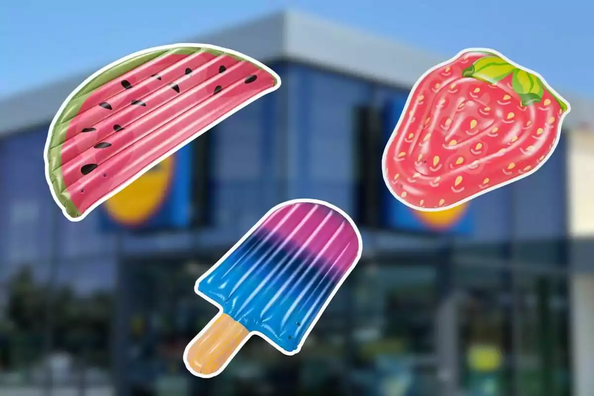 Tres flotadors inflables en forma de síndria, maduixa i gelat davant d’un supermercat desenfocat.