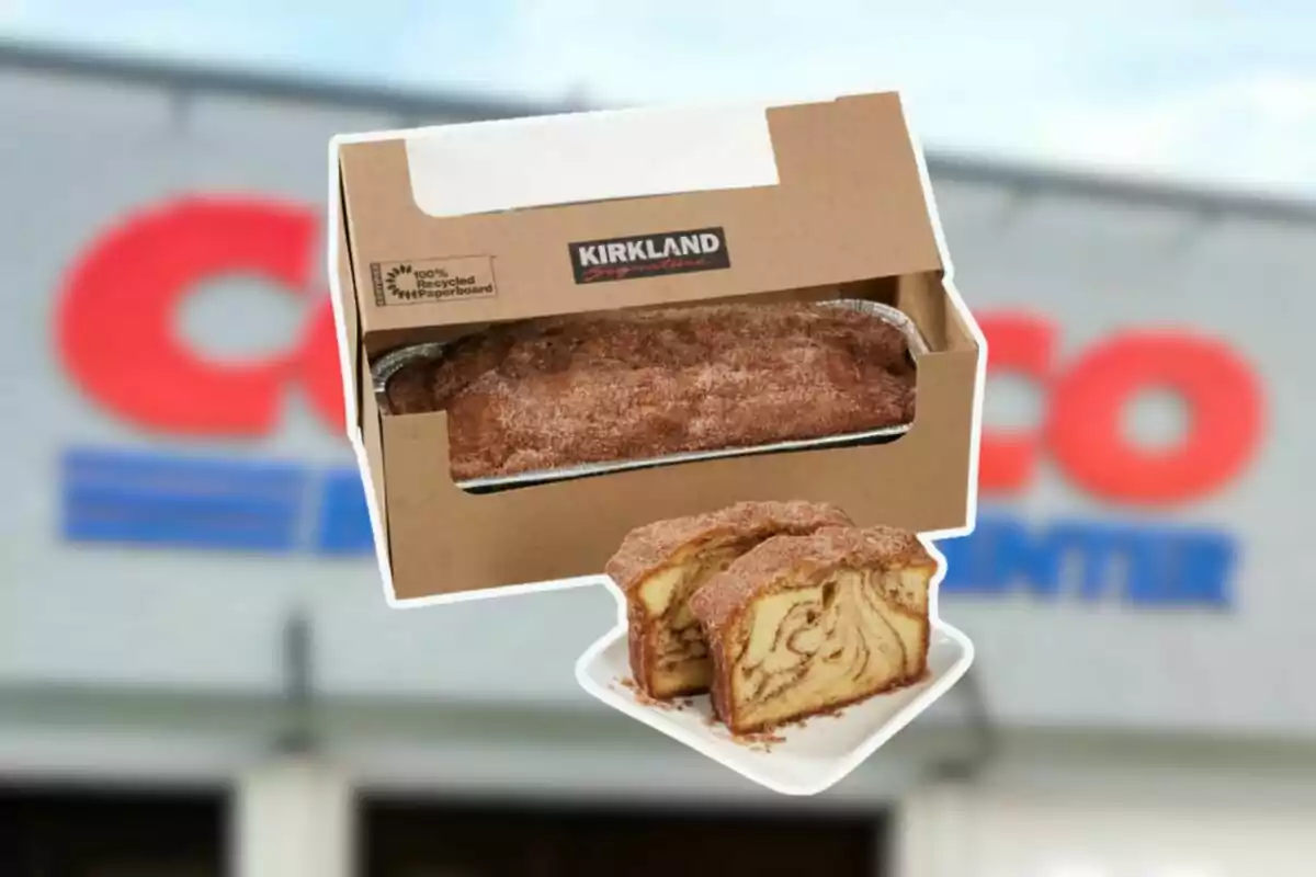 A Kirkland cinnamon loaf in its cardboard box and two slices served on a white plate with a blurred Costco store background. A Kirkland cinnamon loaf in its cardboard box and two slices served on a white plate with a blurred Costco store background.