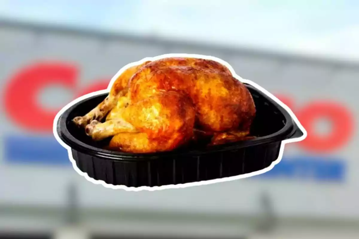 Rotisserie chicken in a plastic tray with a blurred store background Rotisserie chicken in a plastic tray with a blurred store background