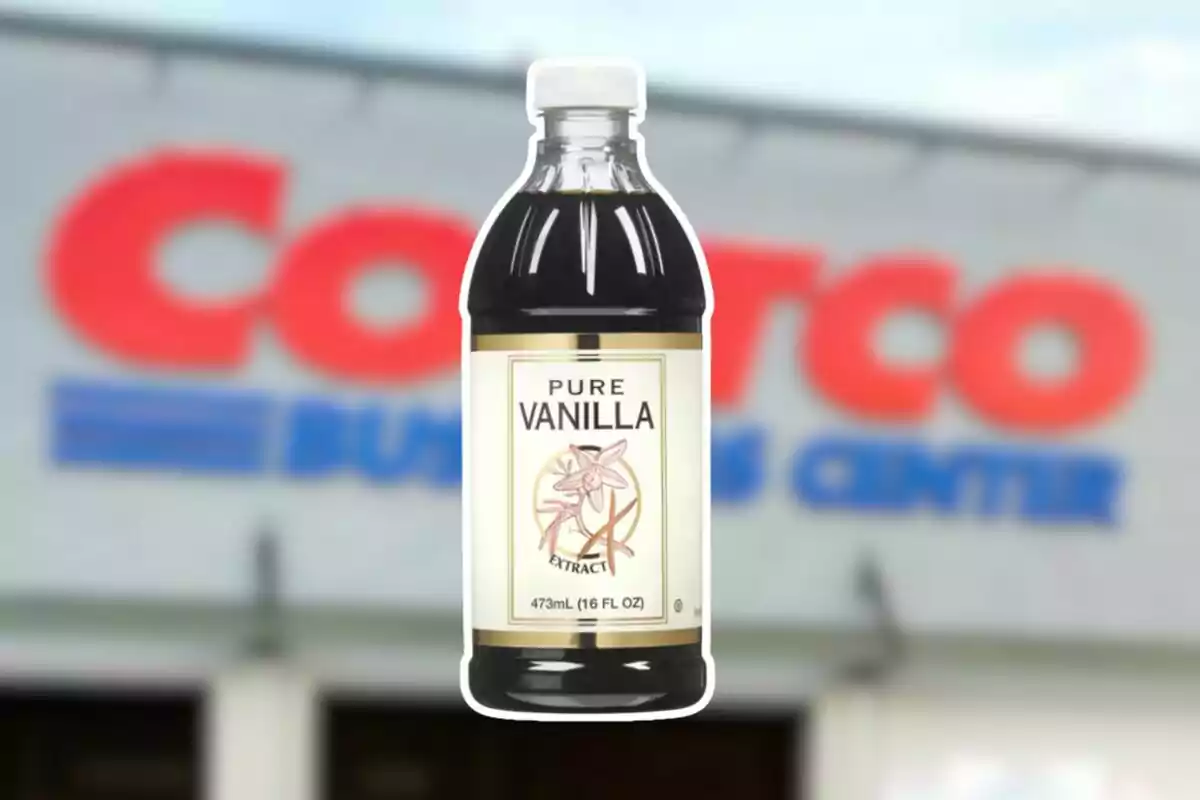 Bottle of pure vanilla extract in front of a blurred Costco store Bottle of pure vanilla extract in front of a blurred Costco store