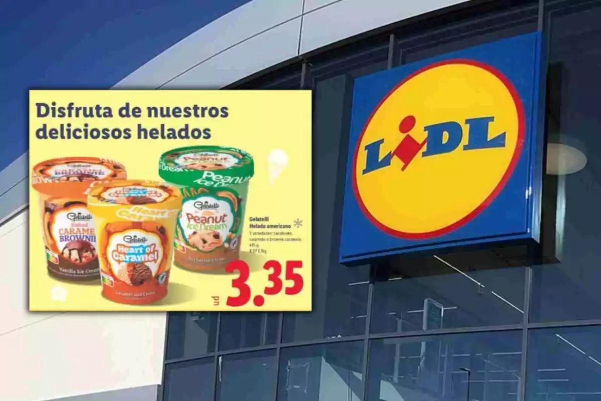 Cartell promocional de gelats Gelatelli de diferents sabors amb un preu de 3,35 davant d’una botiga Lidl Cartell promocional de gelats Gelatelli de diferents sabors amb un preu de 3,35 davant d’una botiga Lidl
