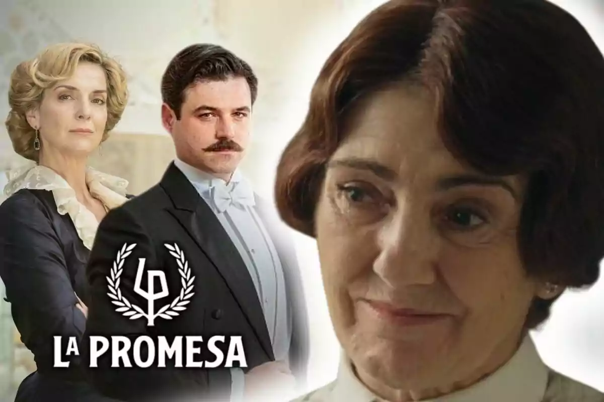 Tres personatges de la sèrie 'La Promesa' apareixen a la imatge, dos d'ells al fons amb vestimenta elegant i l'actriu Arantxa Aranguren, fent d'Emilia, en primer pla amb expressió seriosa, al costat del logotip de la sèrie.