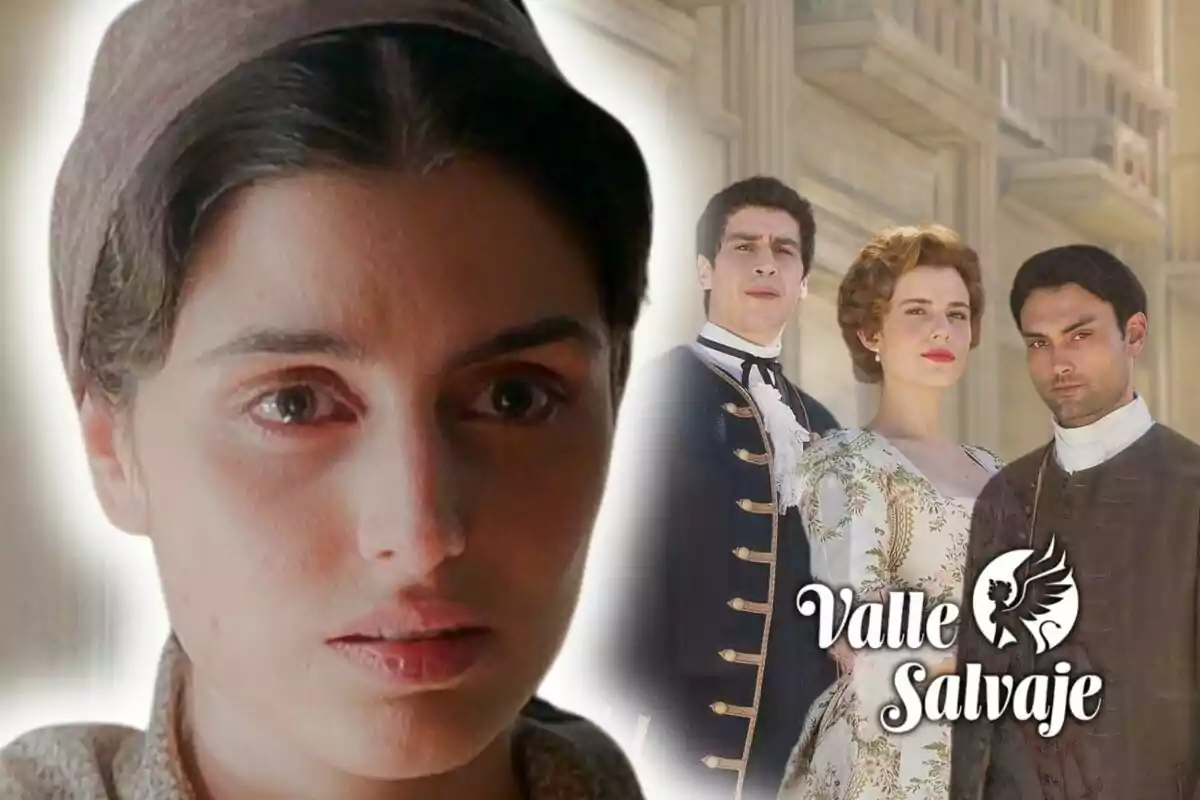 Primer pla de Loren Mairena amb expressió seriosa i al fons tres persones vestides amb roba d’època al costat del logotip de 'Valle Salvaje'.