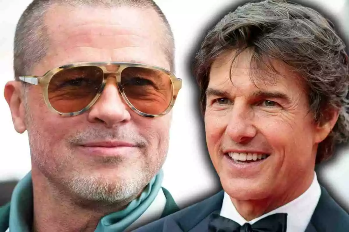 Tom Cruise y Brad Pitt sonrientes, Brad con gafas de sol y cabello corto y Tom con esmoquin y cabello castaño peinado Tom Cruise y Brad Pitt sonrientes, Brad con gafas de sol y cabello corto y Tom con esmoquin y cabello castaño peinado