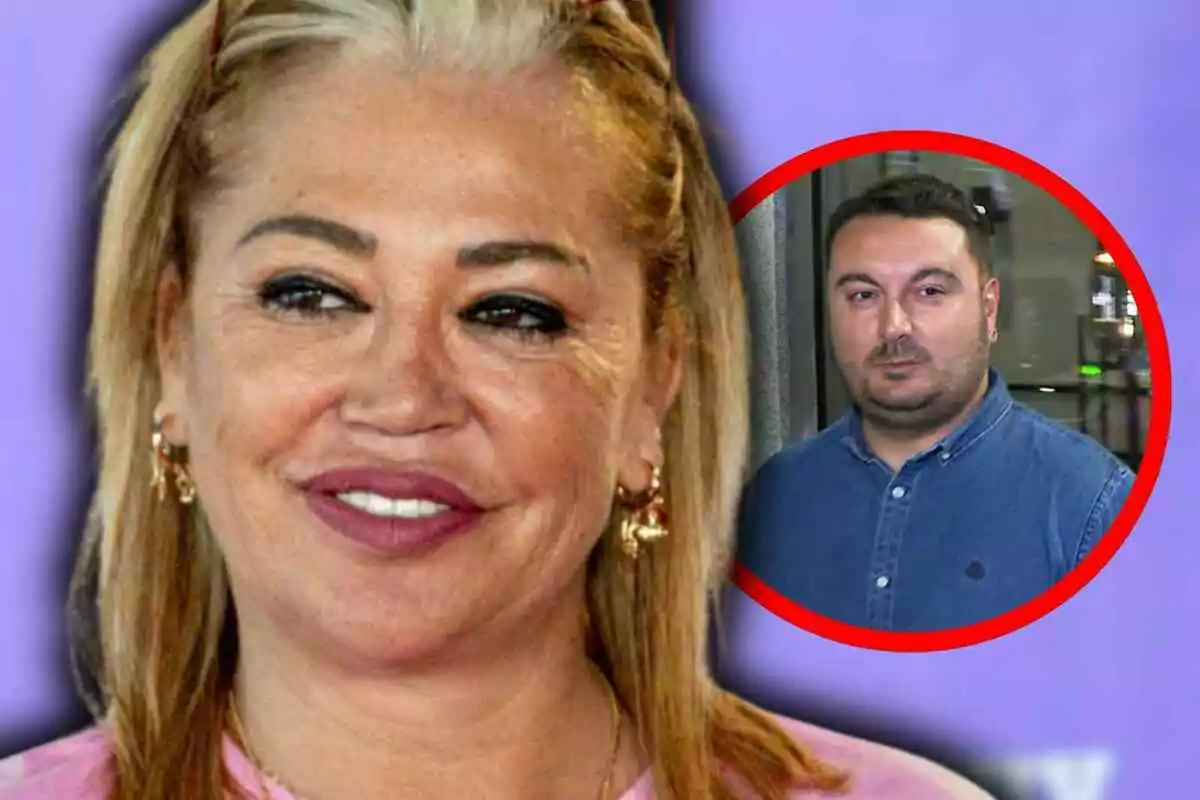 Belén Esteban somrient en primer pla amb Miguel Marcos de fons dins d’un cercle vermell sobre un fons morat