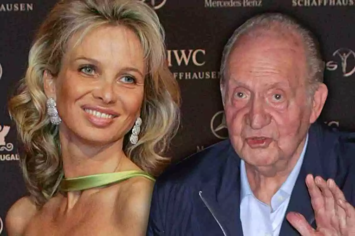 Corinna Larsen sonriente con vestido verde claro y el rey Juan Carlos I con chaqueta azul posan juntos frente a un fondo con logotipos. Corinna Larsen sonriente con vestido verde claro y el rey Juan Carlos I con chaqueta azul posan juntos frente a un fondo con logotipos.